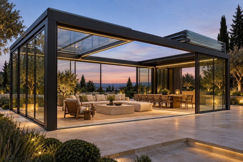 Motorised retractable glass pavilion open to the evening sky