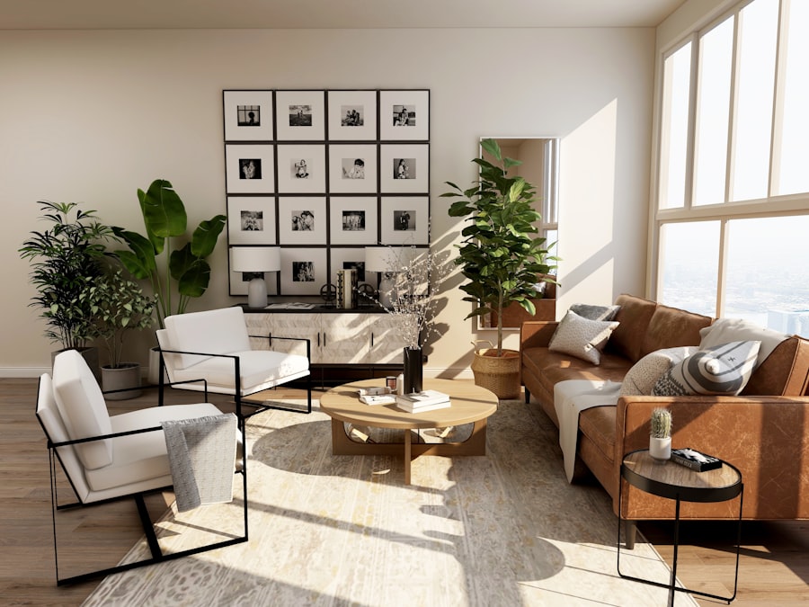 Sunlit living room with tall windows and linen drapes