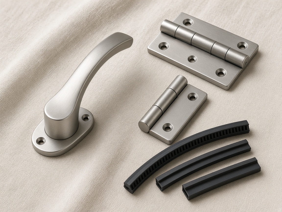 Window handles, hinges, and weather seals