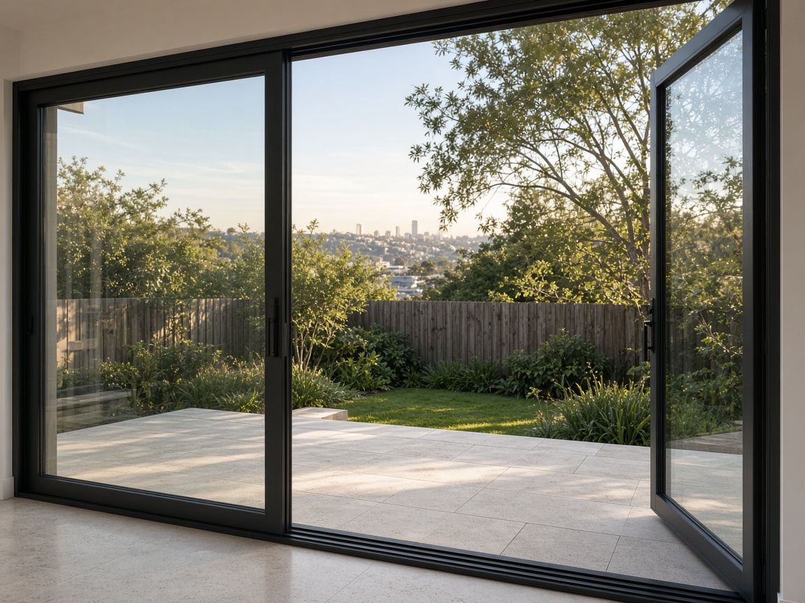 Black aluminium sliding patio door opening to a garden